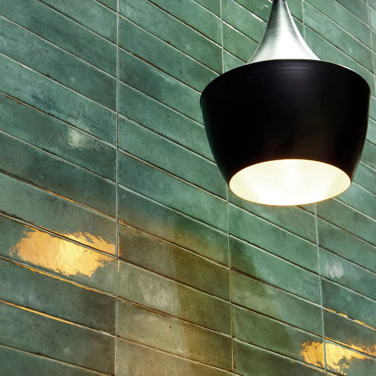 Lisbon Green Jade Shine green ceramic brick tiles in a bar setting