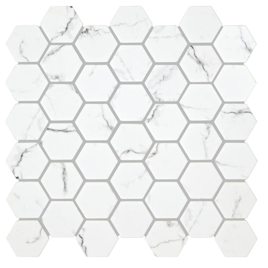 Malmo Hexagon white mosaic tile with white hexagonal design and subtle gray veining mimicking marble look