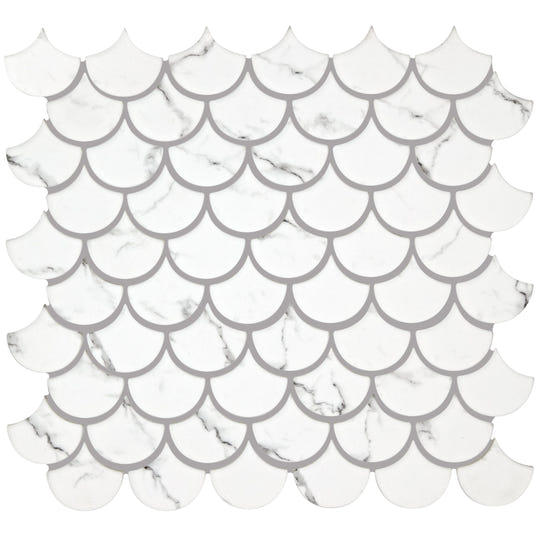 Malmo scallop white mosaic white marble scallop tile with gray veining and subtle gray grout lines