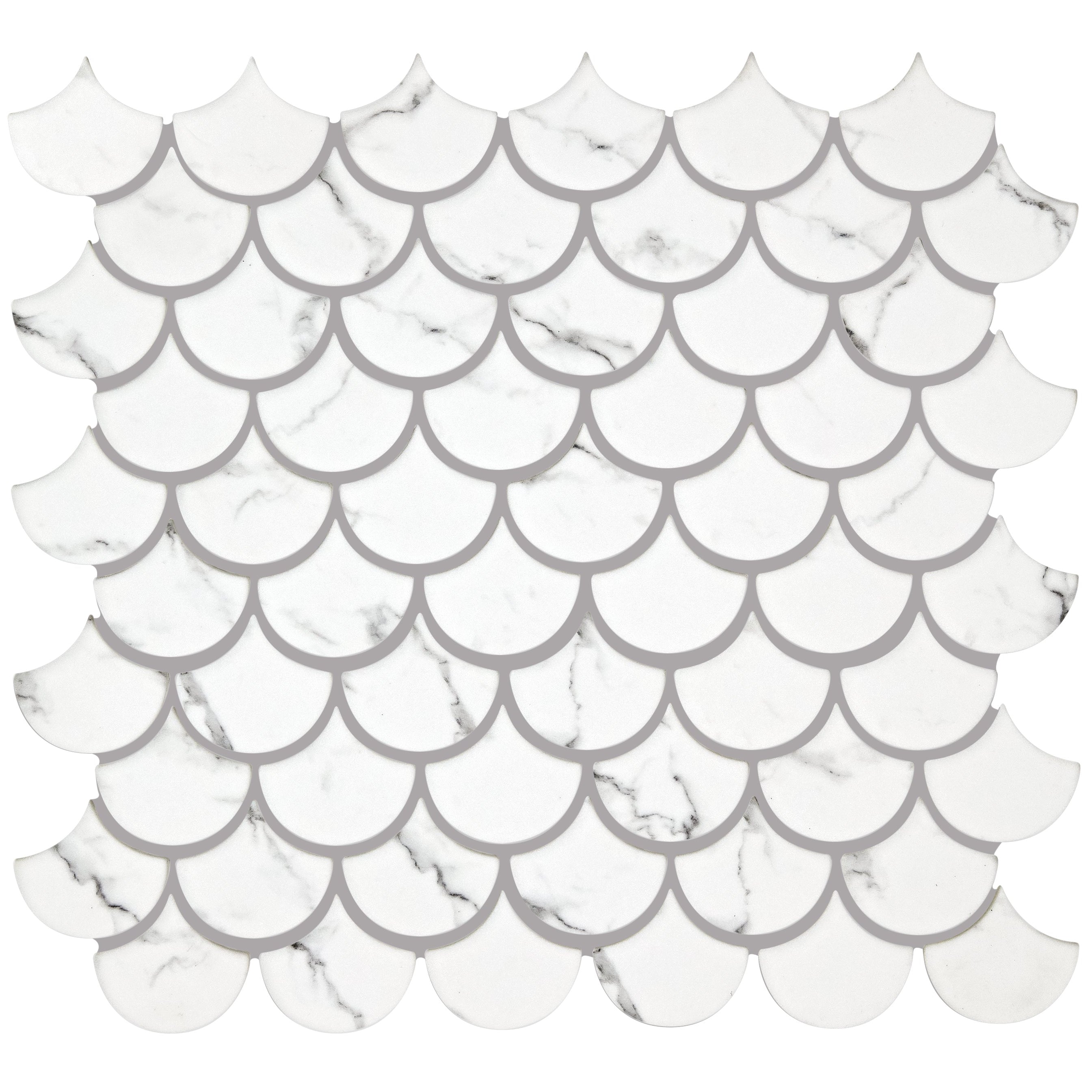 Malmo scallop white mosaic white marble scallop tile with gray veining and subtle gray grout lines