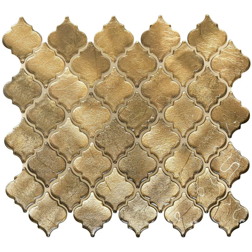Metallic vitreum aurum arabesque gold glass tile with gold-toned textured mosaic and quatrefoil pattern