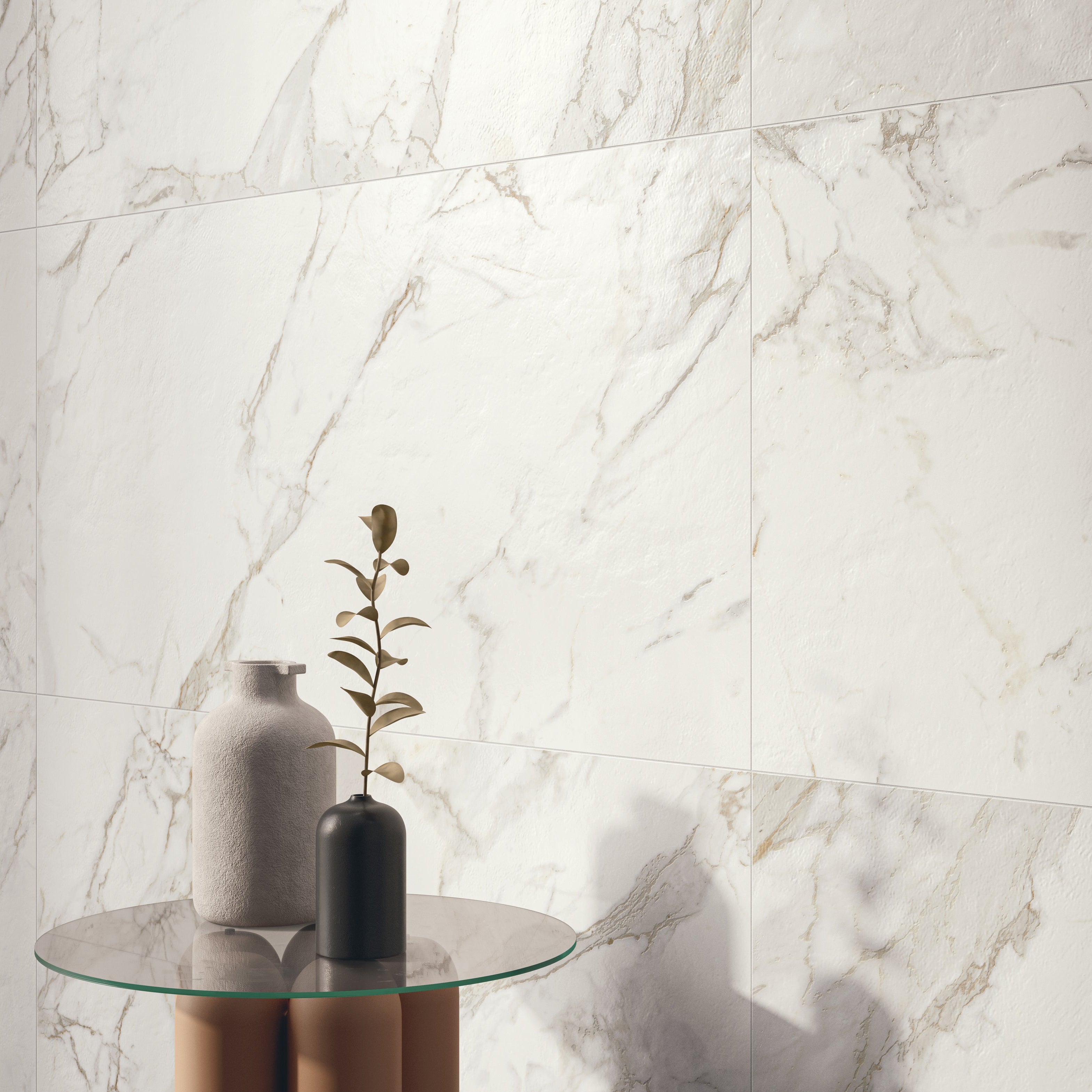 Milos white 80 x 80cm wall tiles in white marble effect with subtle gray veining for elegant interior design