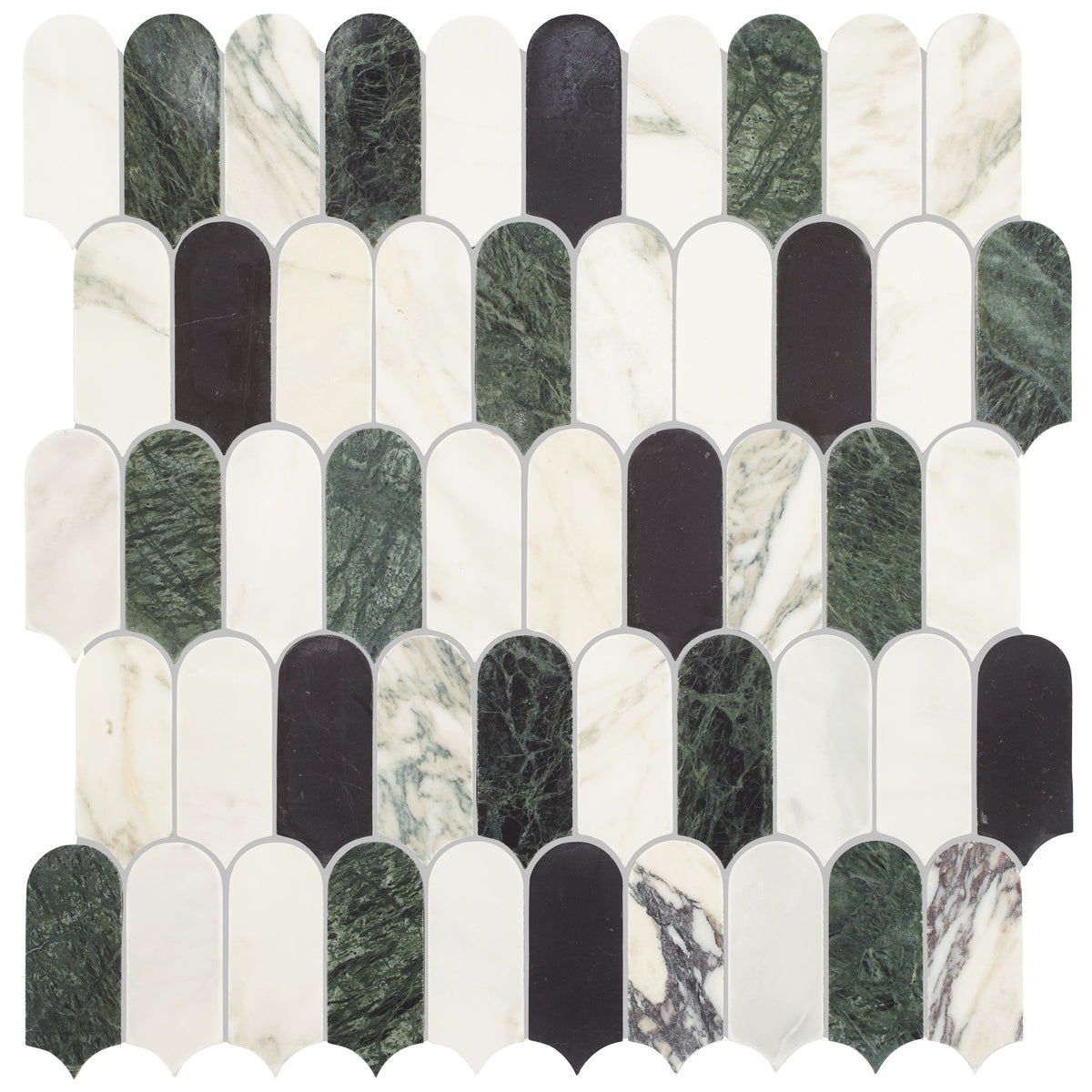 Monet Lorica sleek modern mosaic tile panel with green marble and black tiles on creamy white marble background