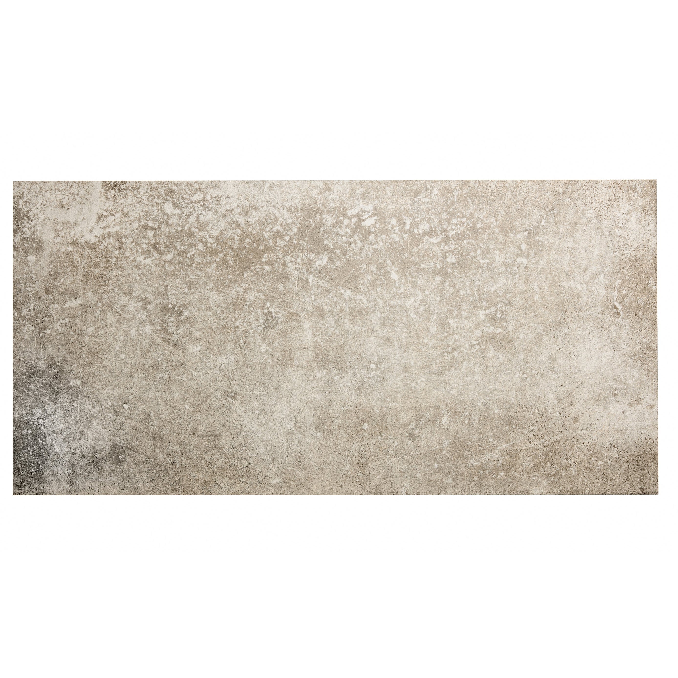 A rectangular Montpellier Portes tile 60 x 30cm with a textured mottled gray and beige finish resembling aged concrete