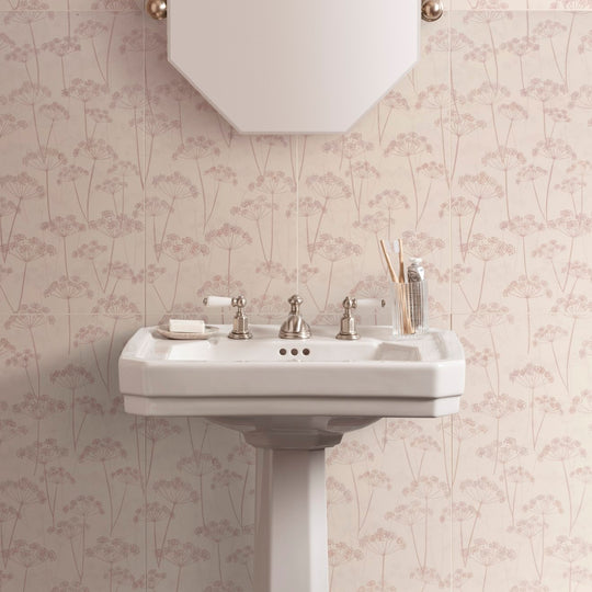 White ceramic pedestal sink meadow hedgerow 60x30cm with silver-toned faucet and handles for bathroom use