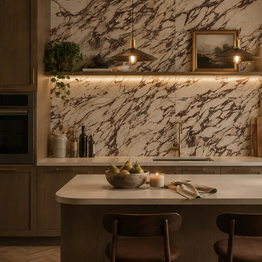 Modern kitchen with marble backsplash and wooden island