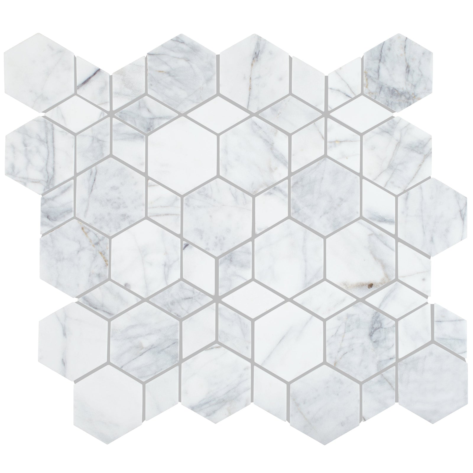 Ottimo Kaleidoscope Mosaic white marble hexagonal mosaic tile with subtle gray veining and thin grout lines