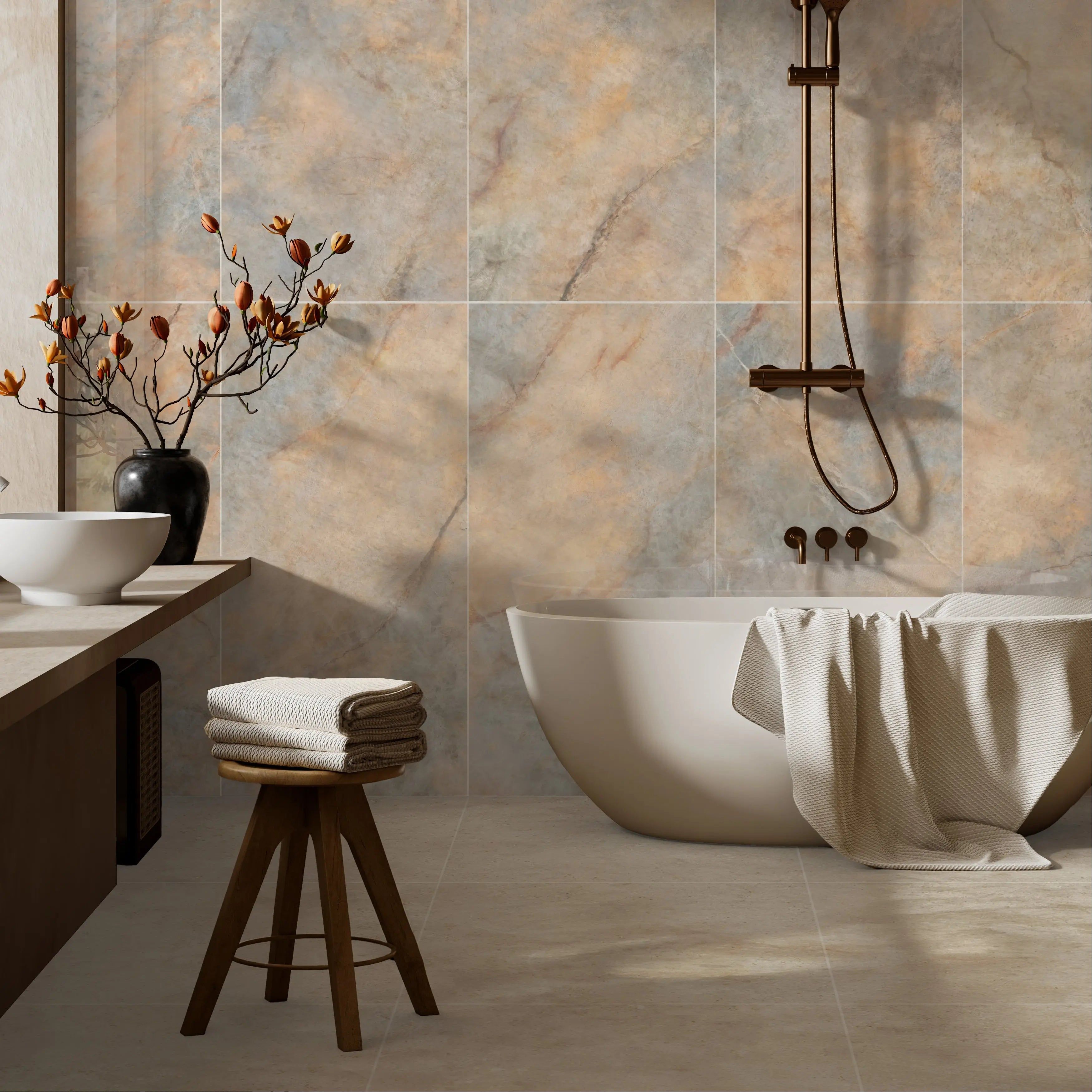 Opaline Pearl marble-effect wall tiles in a bathroom paired with a stone-effect floor