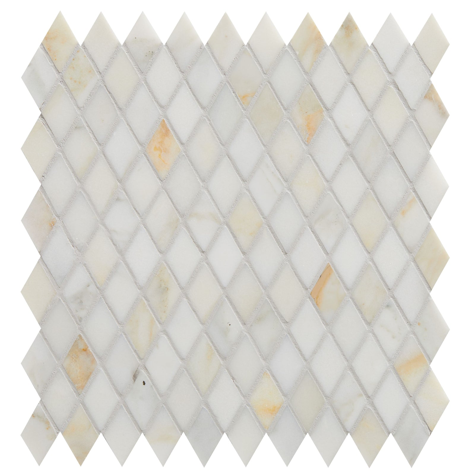 Palazzo Oro marble diamond mosaic tile in white and beige with subtle veining for elegant wall and floor design