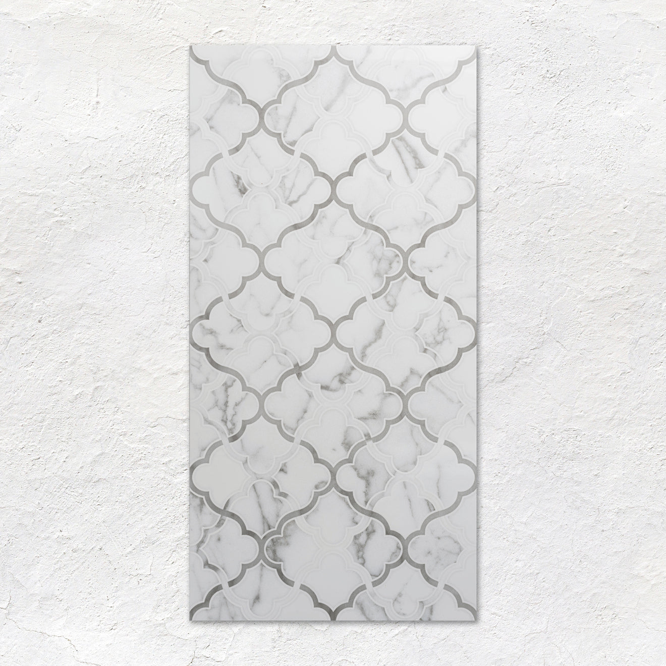 White marble patterned palazzo arabo tile 60x30cm with gray quatrefoil design for elegant flooring or walls