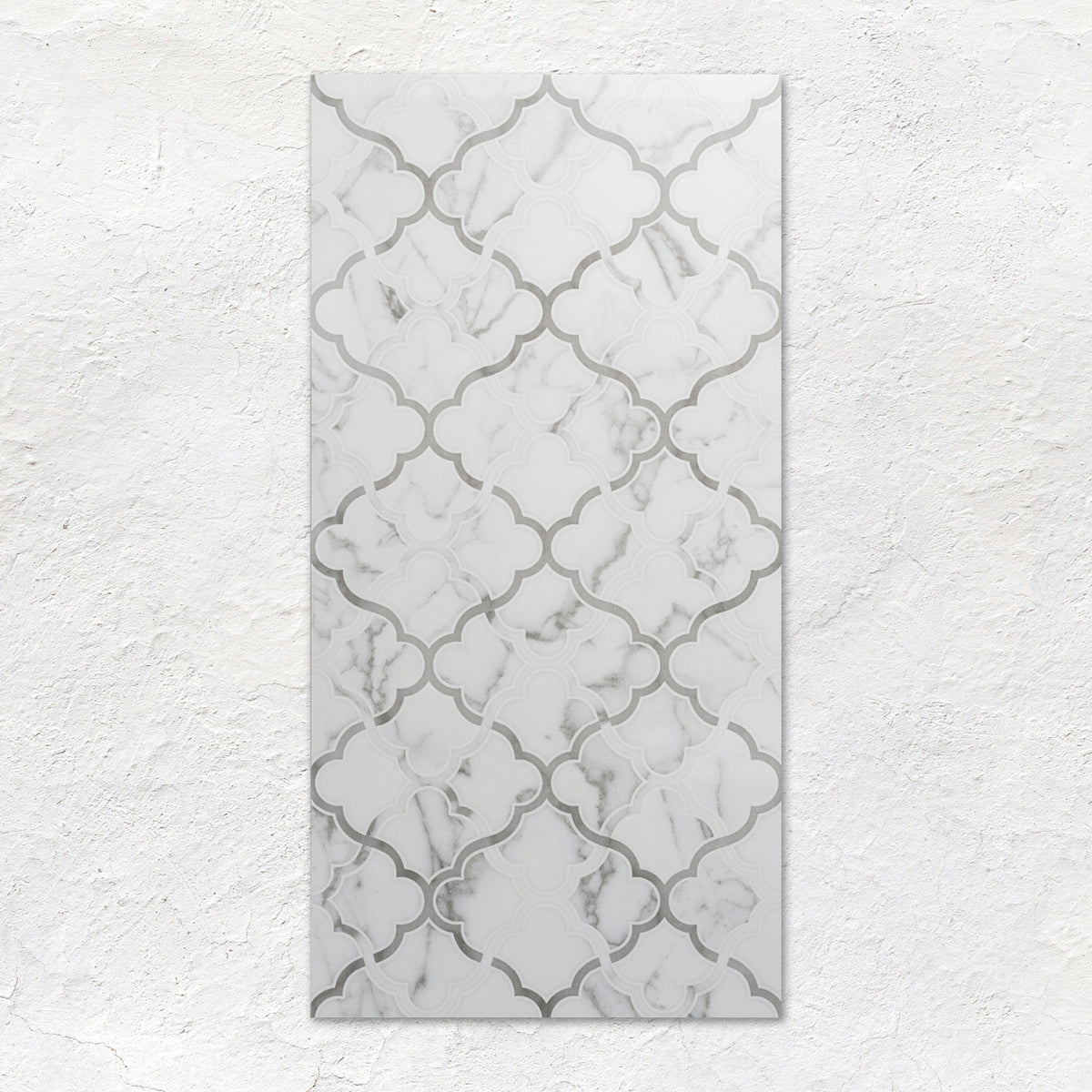 White marble patterned palazzo arabo tile 60x30cm with gray quatrefoil design for elegant flooring or walls