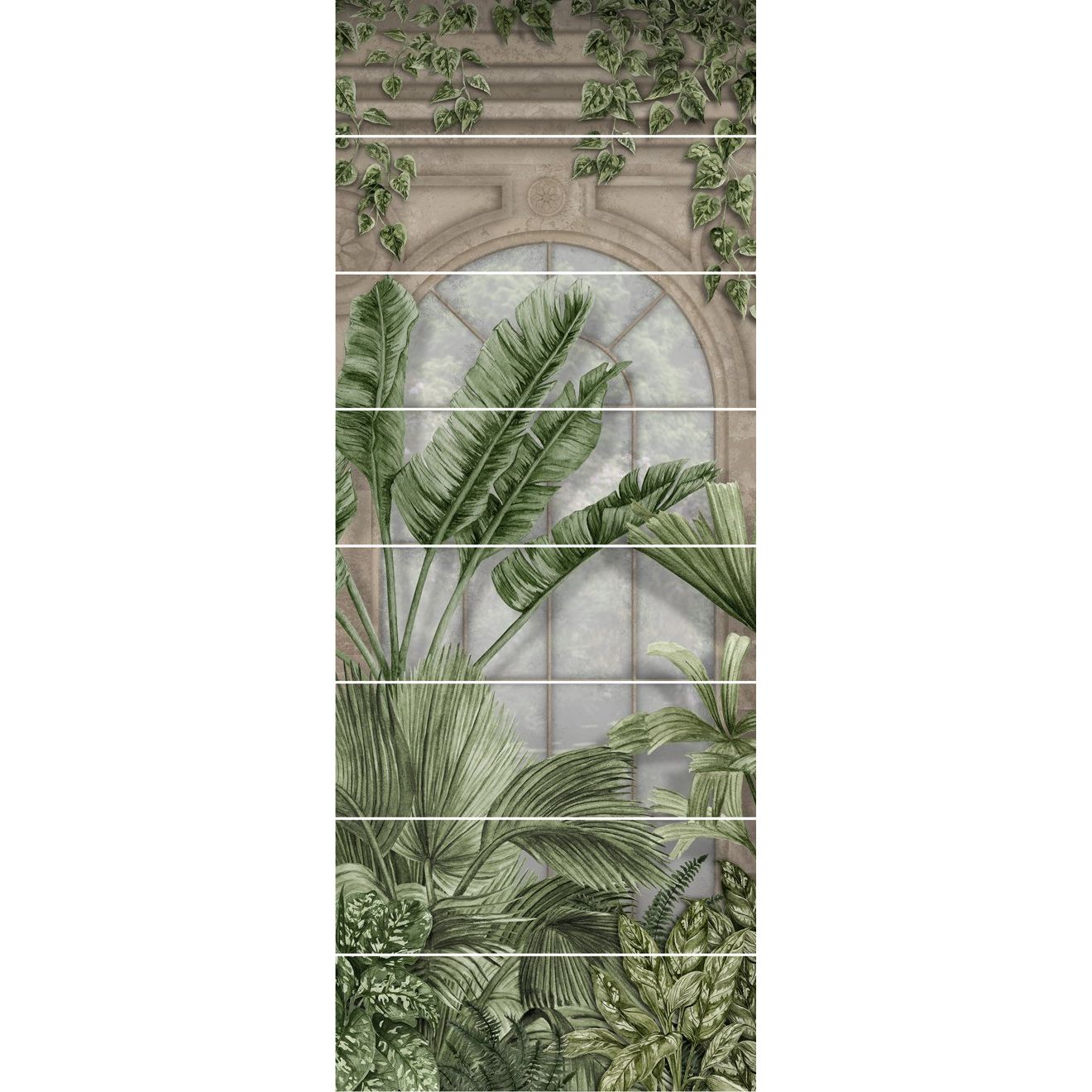 Palm house decorative 8-tile set panel a featuring tropical green foliage mural with banana leaves ferns and ivy on arched window frame