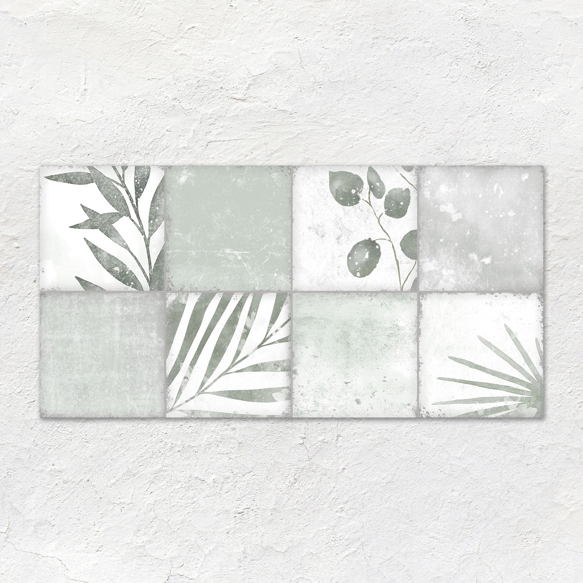 Patchwork botanical ivy wall art 60x30cm features eight square tiles with muted green and gray botanical prints on white