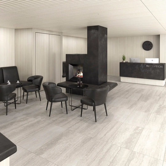 Pure Travertine Grey Natural Porcelain 30 x 60cm glazed porcelain stone effect tile room setting