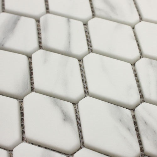 Ritz Carrara Lozenge Mosaic white marble lozenge tiles with subtle grey veining