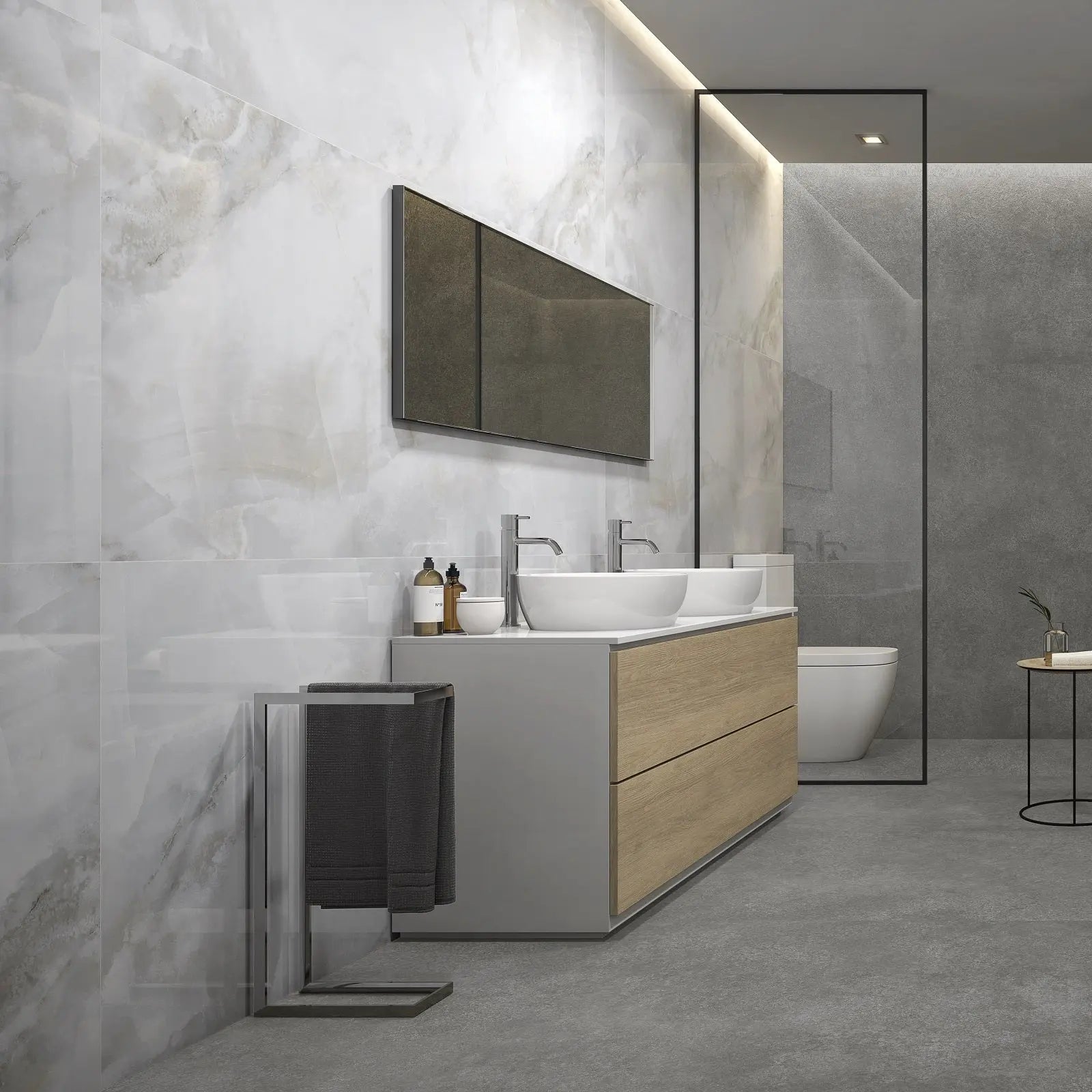 Sardonyx Pearl 90 x 90cm porcelain marble effect tile room setting