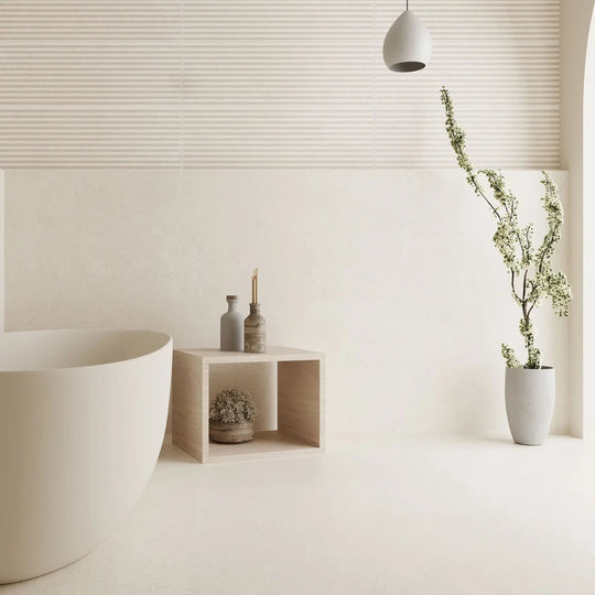 Serene Blanco 60 x 60cm glazed porcelain stone effect tile room setting