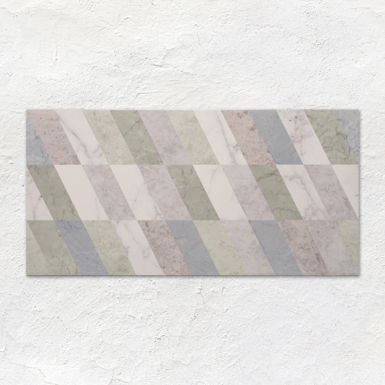 A rectangular South Beach Collins ceramic tile 60x30cm with modern pastel diagonal stripes and subtle marble veining