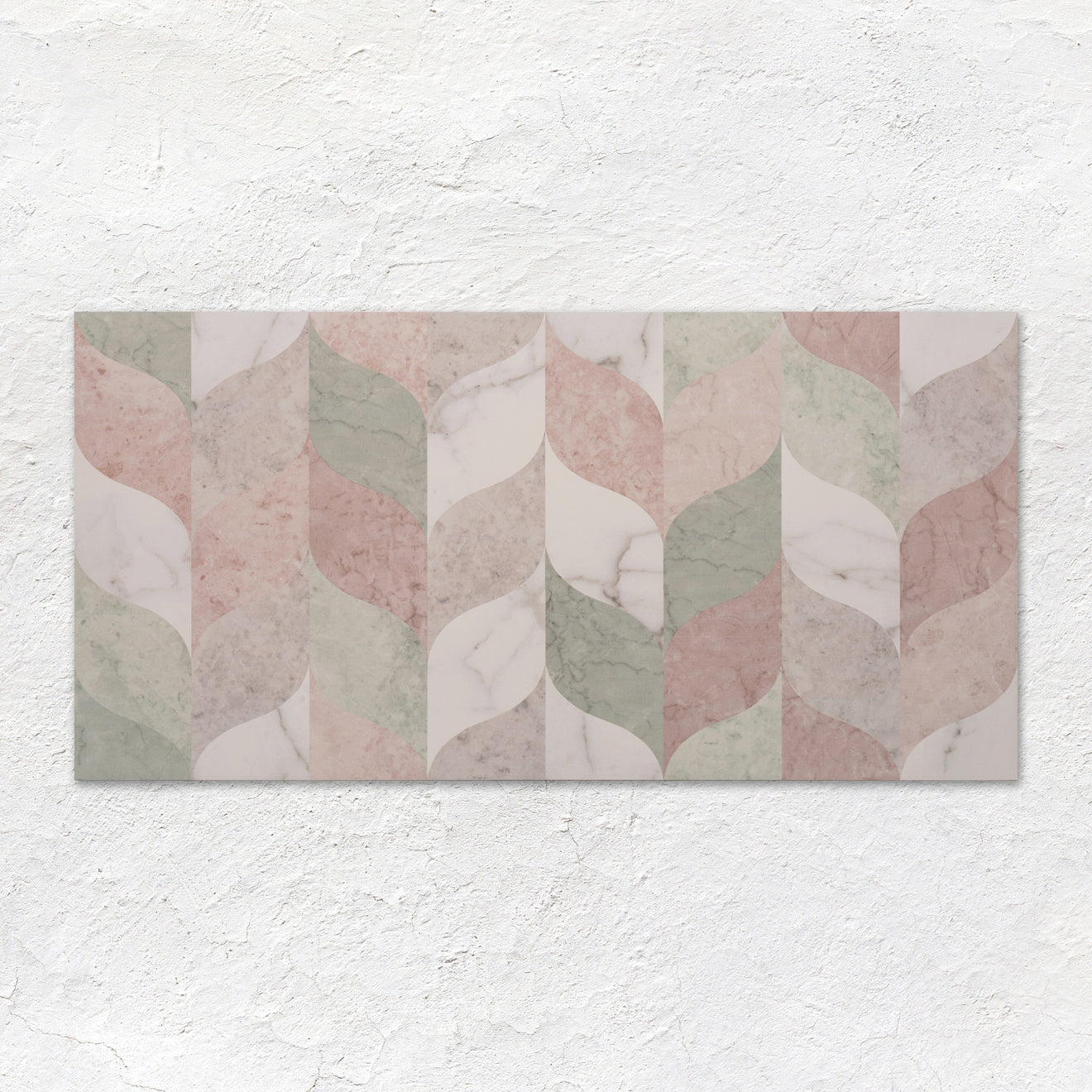 South Beach Ocean 60x30cm rectangular tile with modern geometric wave pattern in pink green and white marble tones