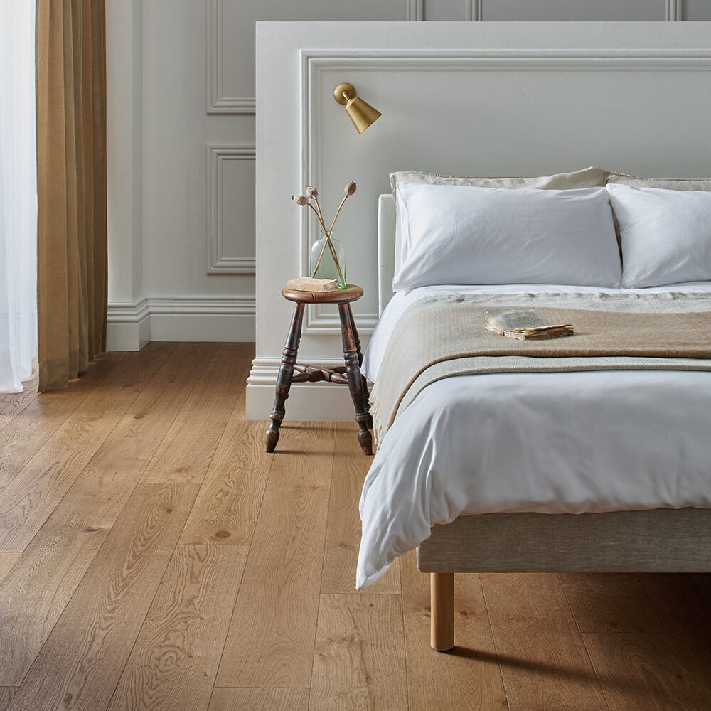 Woodpecker Stonehaven Stream Oak Flooring ON A BEDROOM FLOOR