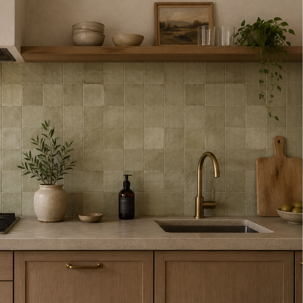 Taza Moss green zellige-style ceramic tiles on a kitchen splashback