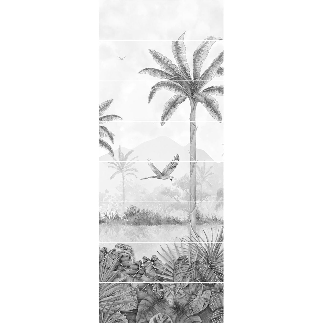 Tropical oasis monochrome decorative 8-tile set panel b with detailed palm trees flying parrot and lush foliage mural
