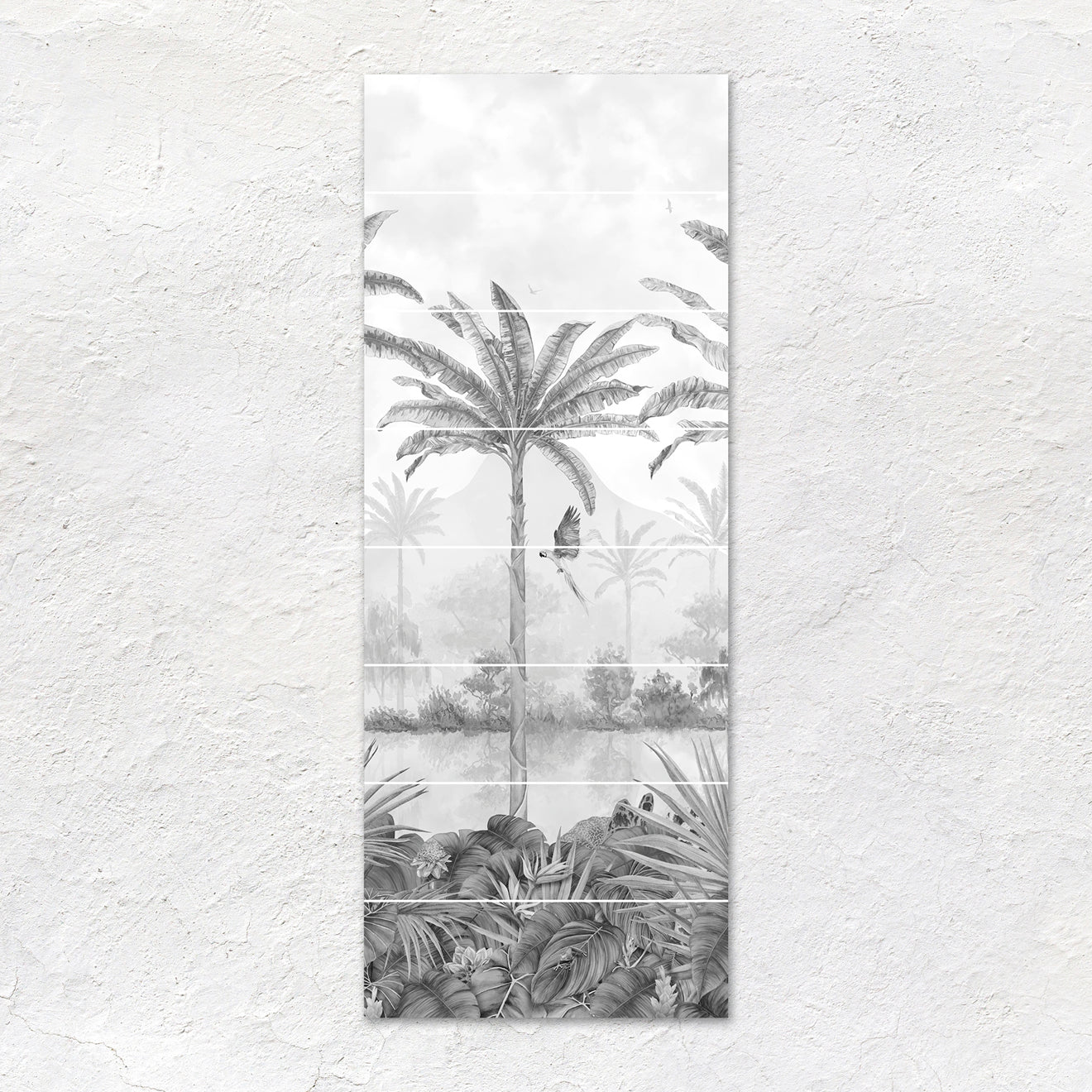 Tall rectangular ceramic tile panel with monochrome tropical jungle scene in gray from tropical oasis 8-tile set panel c