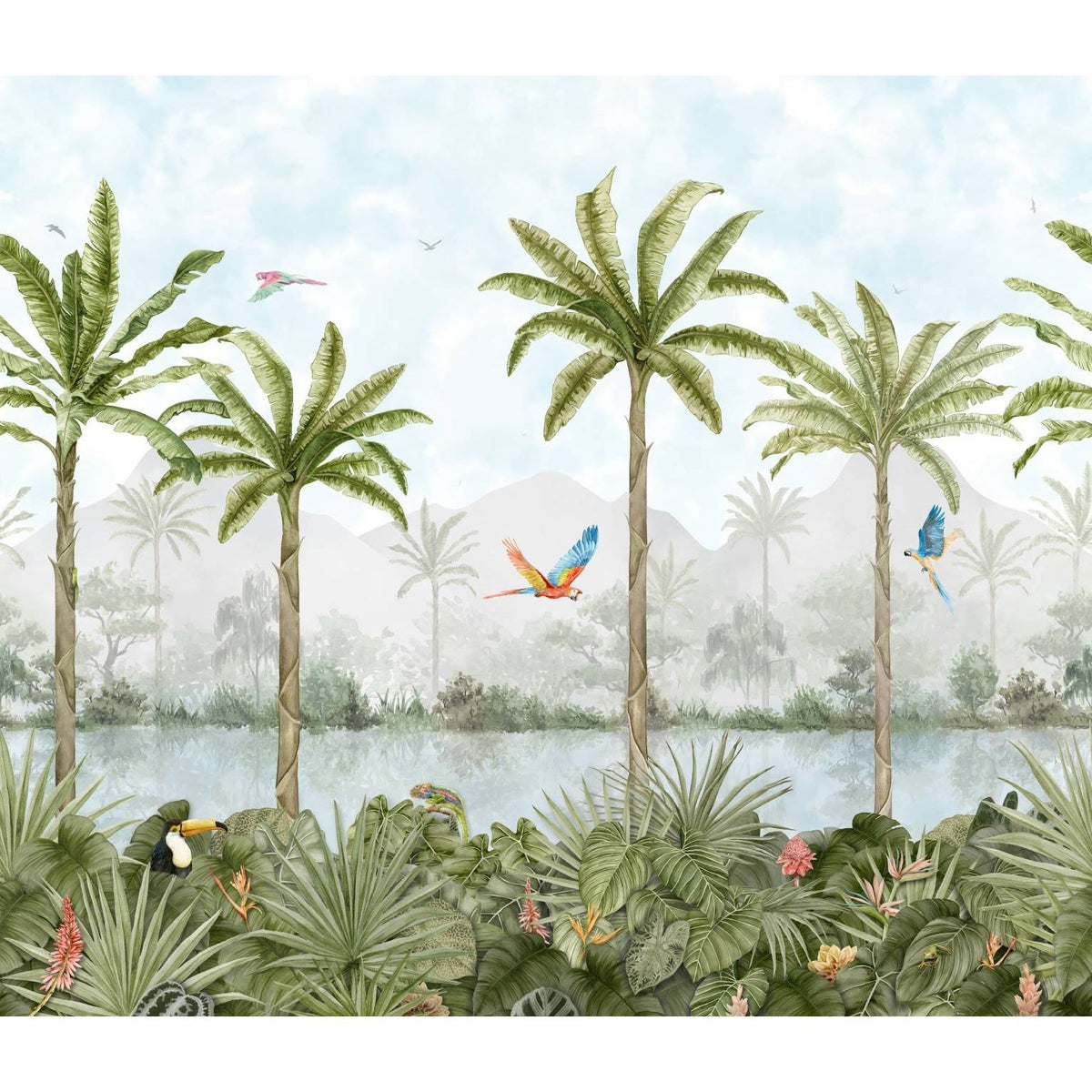 Tropical oasis mural decorative 24-tile set panel featuring lush green palm trees vibrant parrots and a misty river scene
