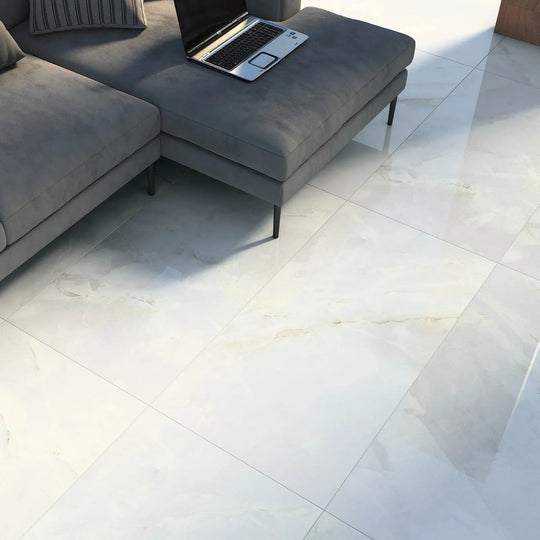 Tunis White Polished 60 x 120cm porcelain marble effect tile room setting