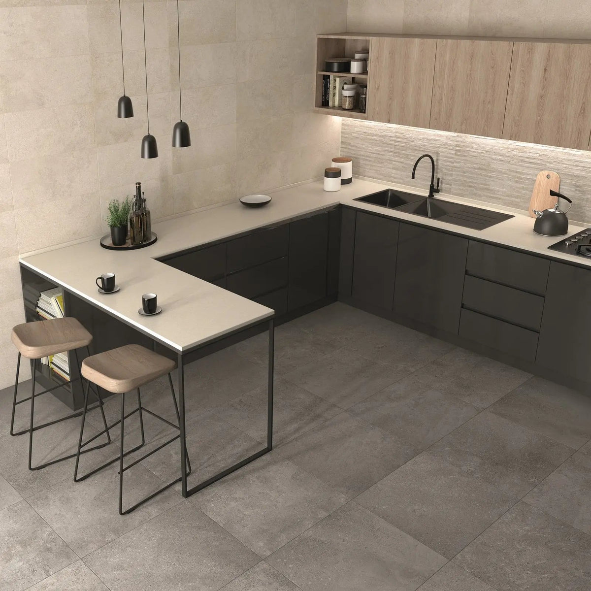 Urban Stone Greige 30 x 60cm ceramic stone effect tile room setting