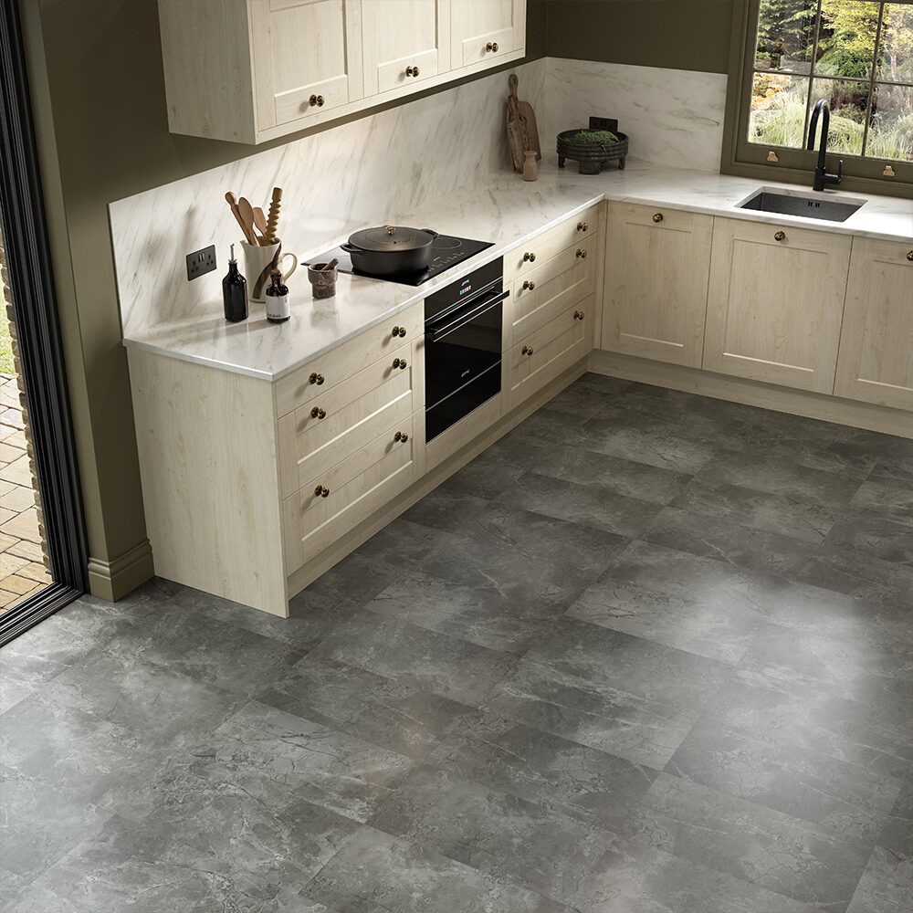 Whitby Rimefrost waterproof marble-design tile flooring in a room setting
