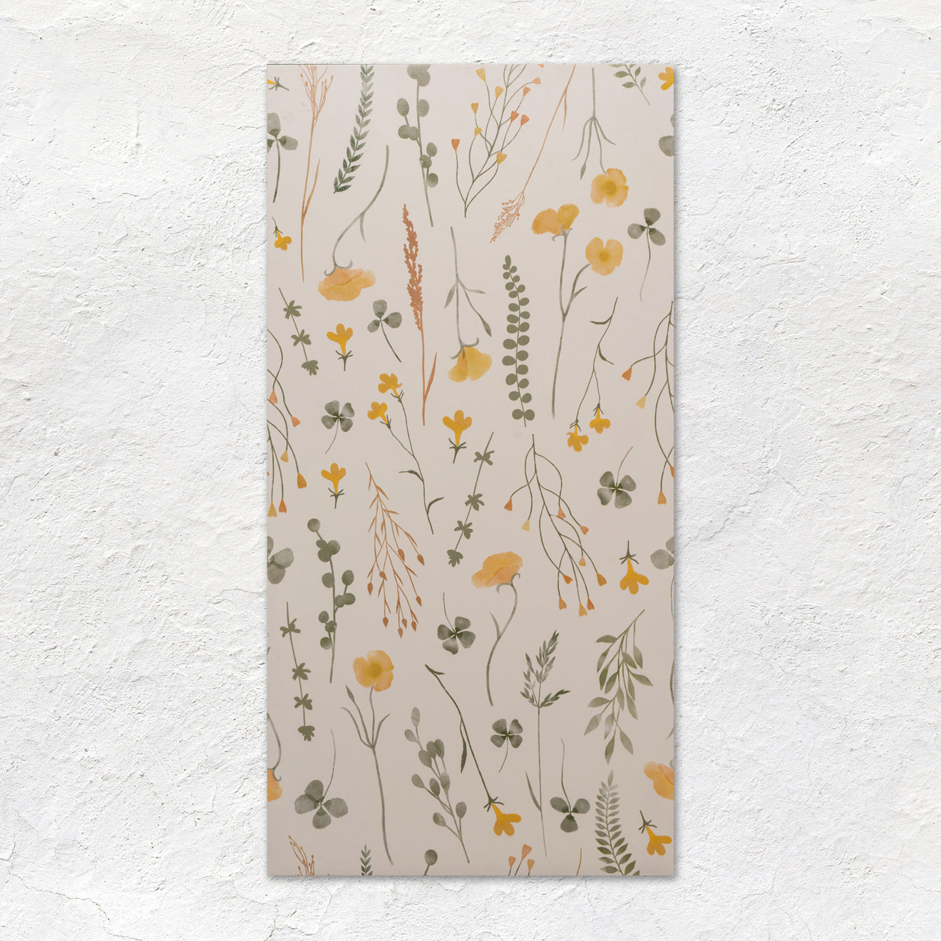 Wildflower Gold 60x30cm rectangular wall hanging with delicate yellow and green botanical pattern on beige background
