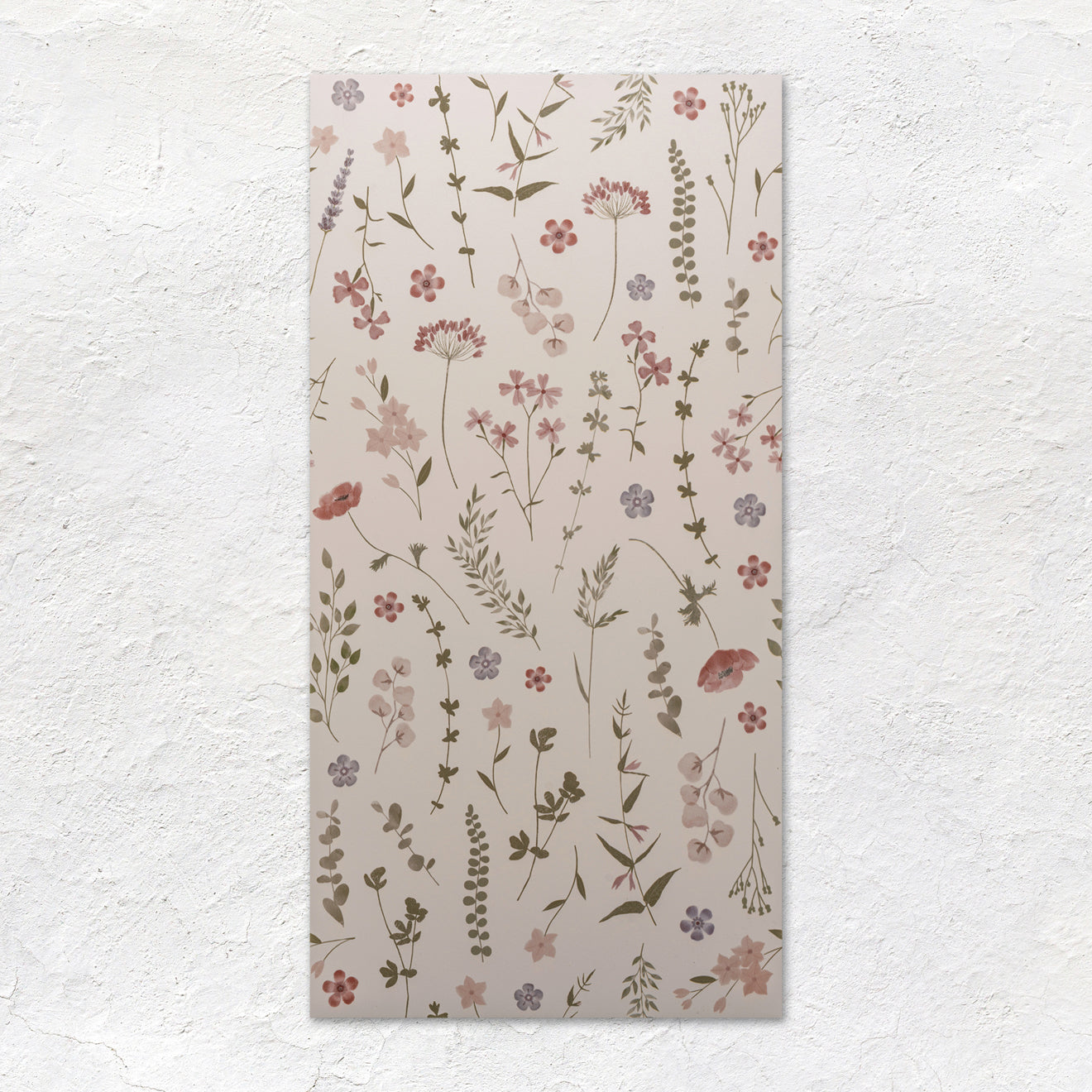 Rectangular wall tile wildflower rose 60x30cm with delicate pink mauve and green botanical pattern on beige background