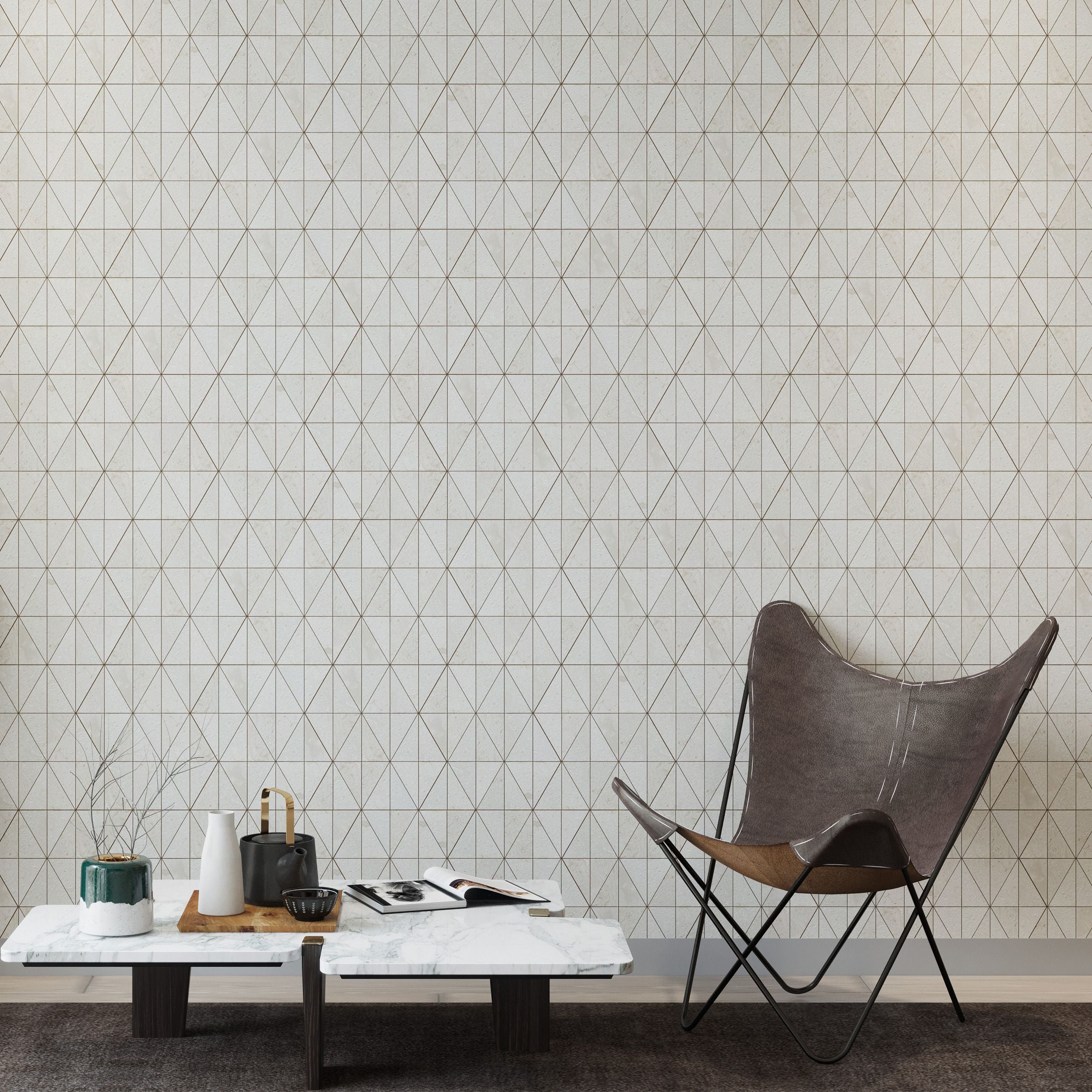 Shellstone brushed limestone triangle mosaic shown in a bathroom interior setting