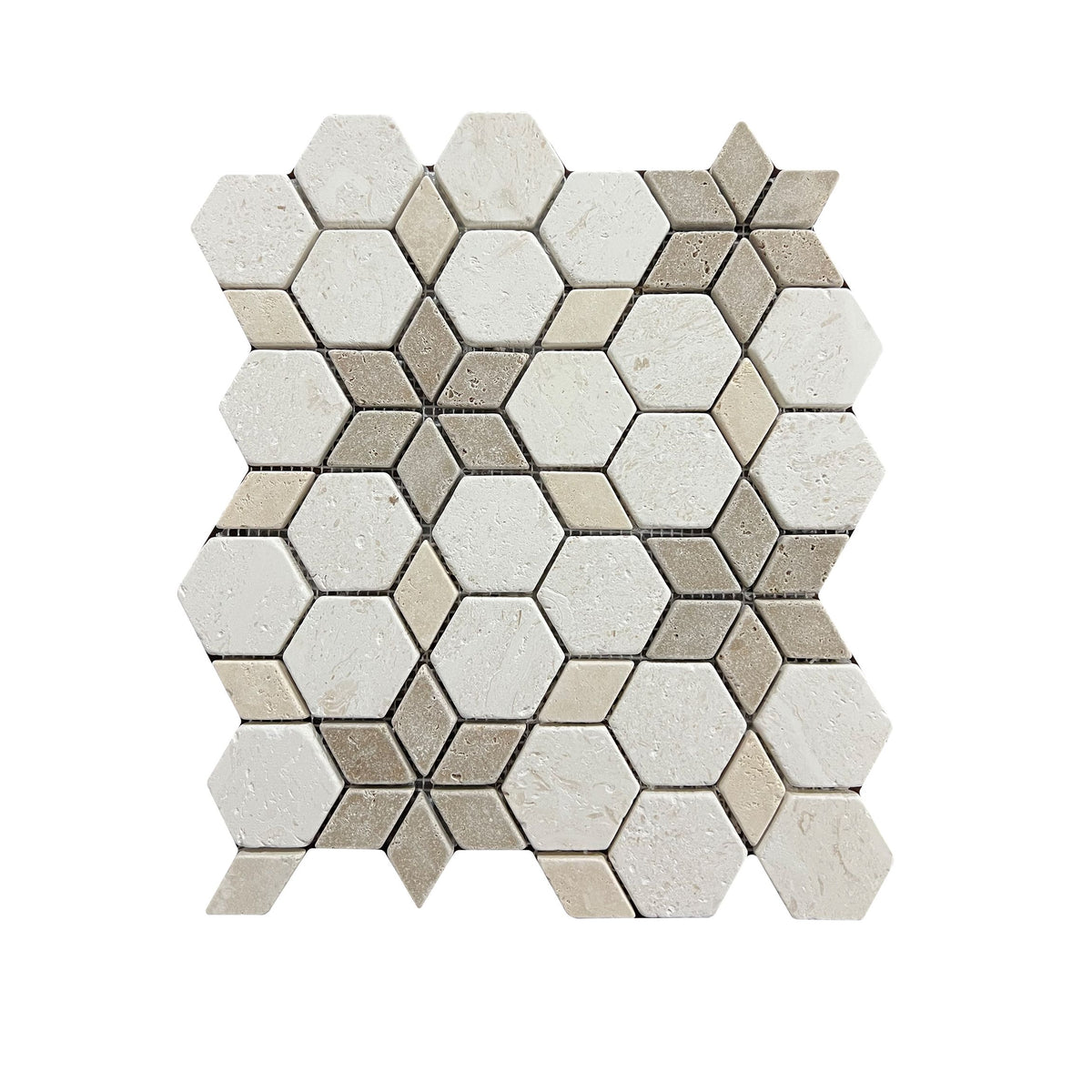 Close detail of tumbled travertine starline mosaic showing rounded edges and open natural pitting