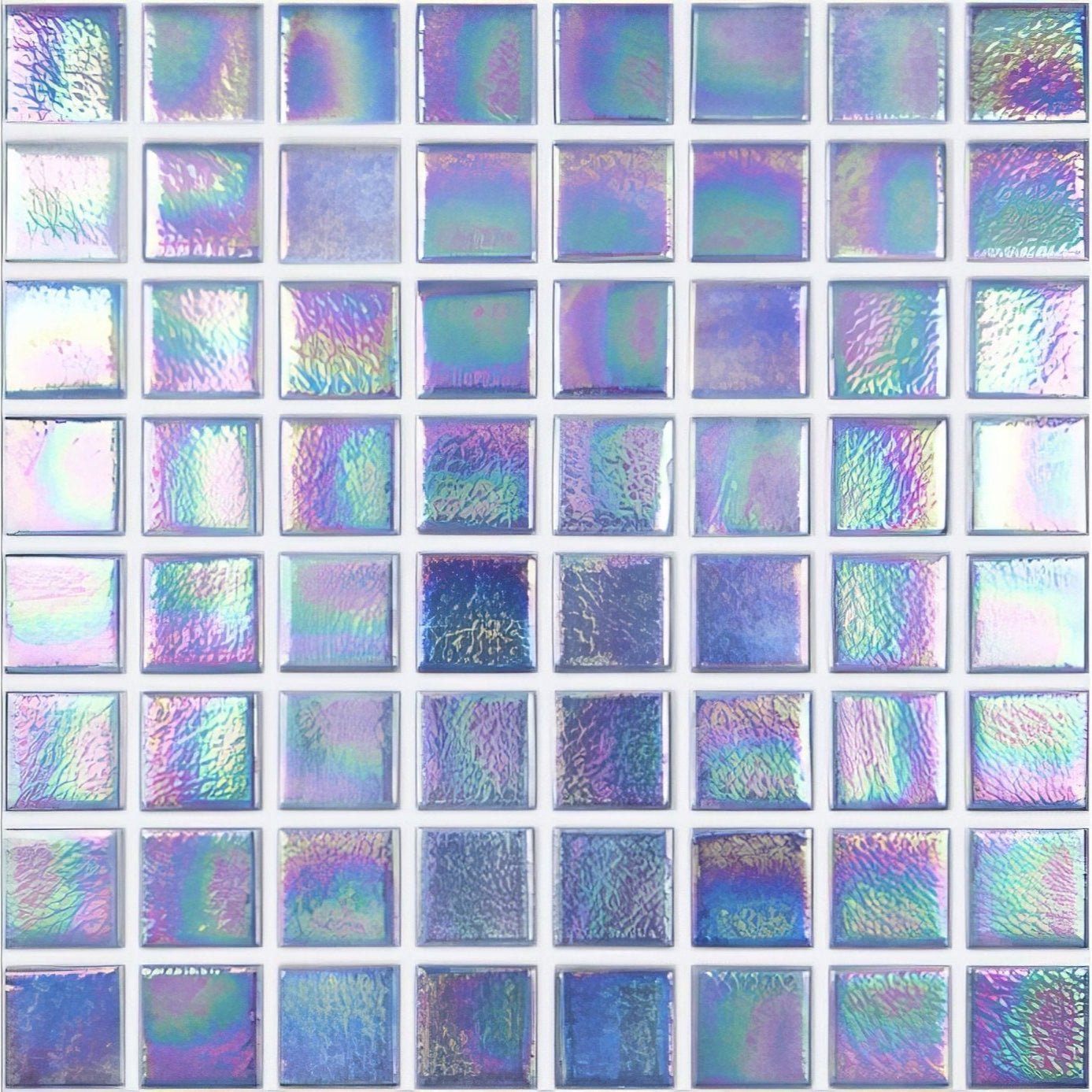 Abalone indigo iridescent glass mosaic tiles with shimmering rainbow finish and textured surfaces