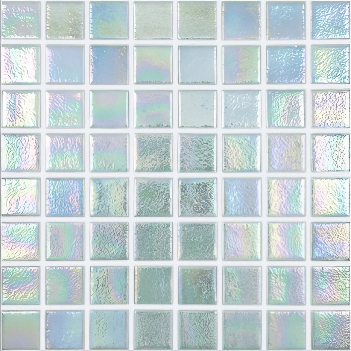 Abalone jade iridescent glass mosaic tiles with a shimmering finish and textured surfaces in soft blue green and white hues