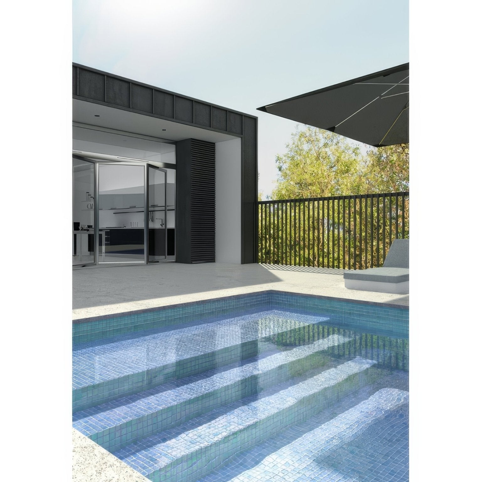 A modern rectangular swimming pool with blue abalone ocean iridescent glass mosaic tiles and a minimalist design