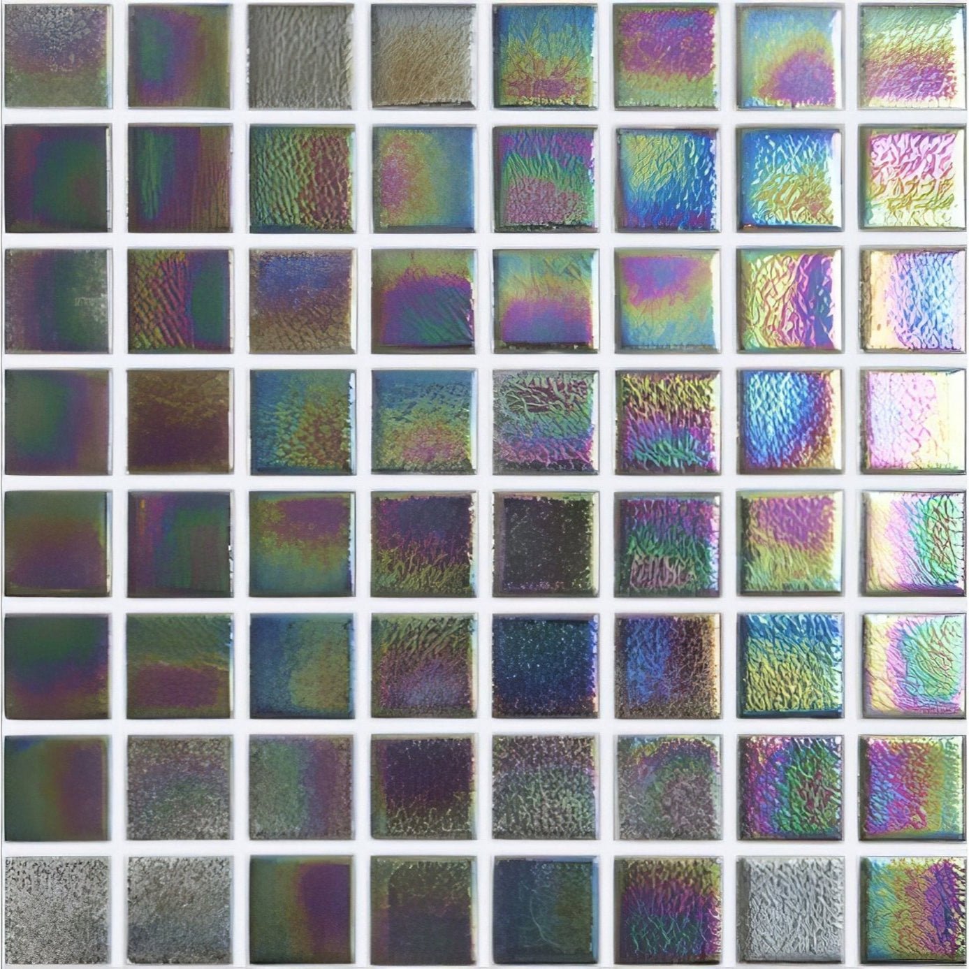 Abalone pewter iridescent glass mosaic tiles with a textured swirling pattern in vibrant rainbow hues