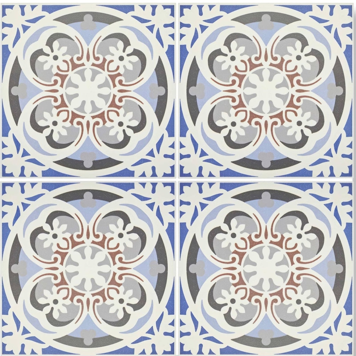 Blue and white abbey fountains patterned tile with intricate floral ceramic design in gray beige and muted red accents