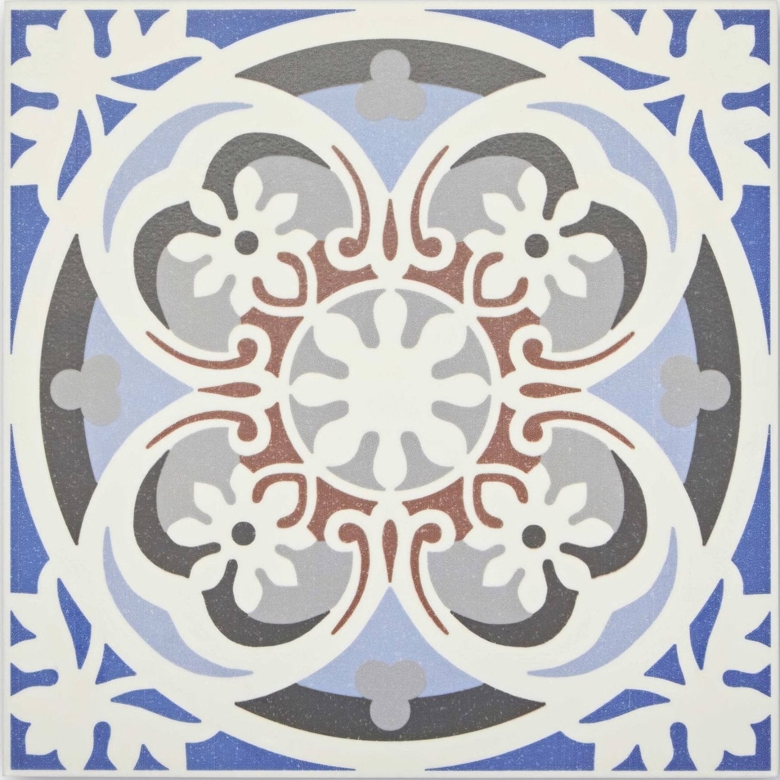 Abbey fountains patterned tile with blue gray and white ornate symmetrical floral design for decorative use