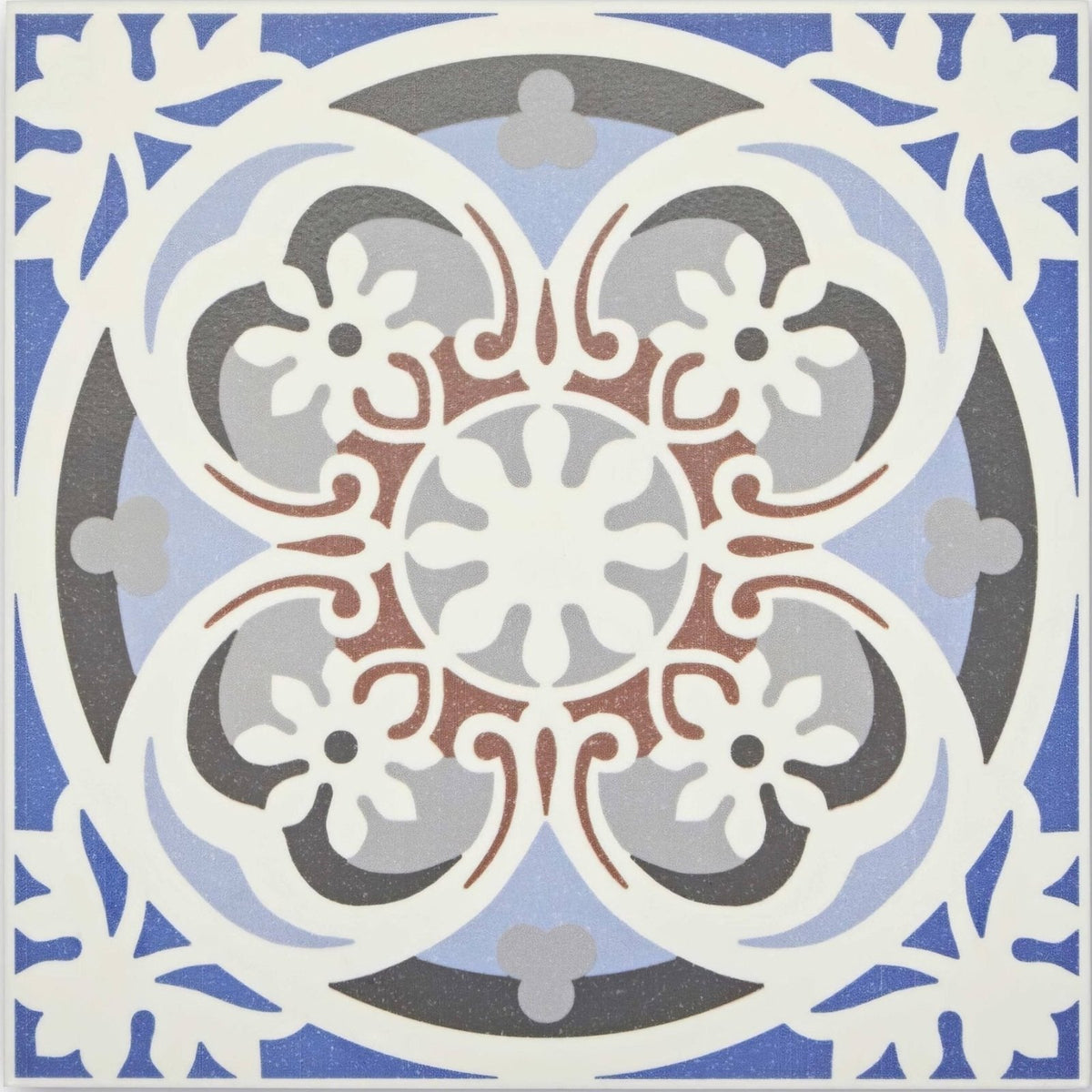 Abbey fountains patterned tile with blue gray and white ornate symmetrical floral design for decorative use