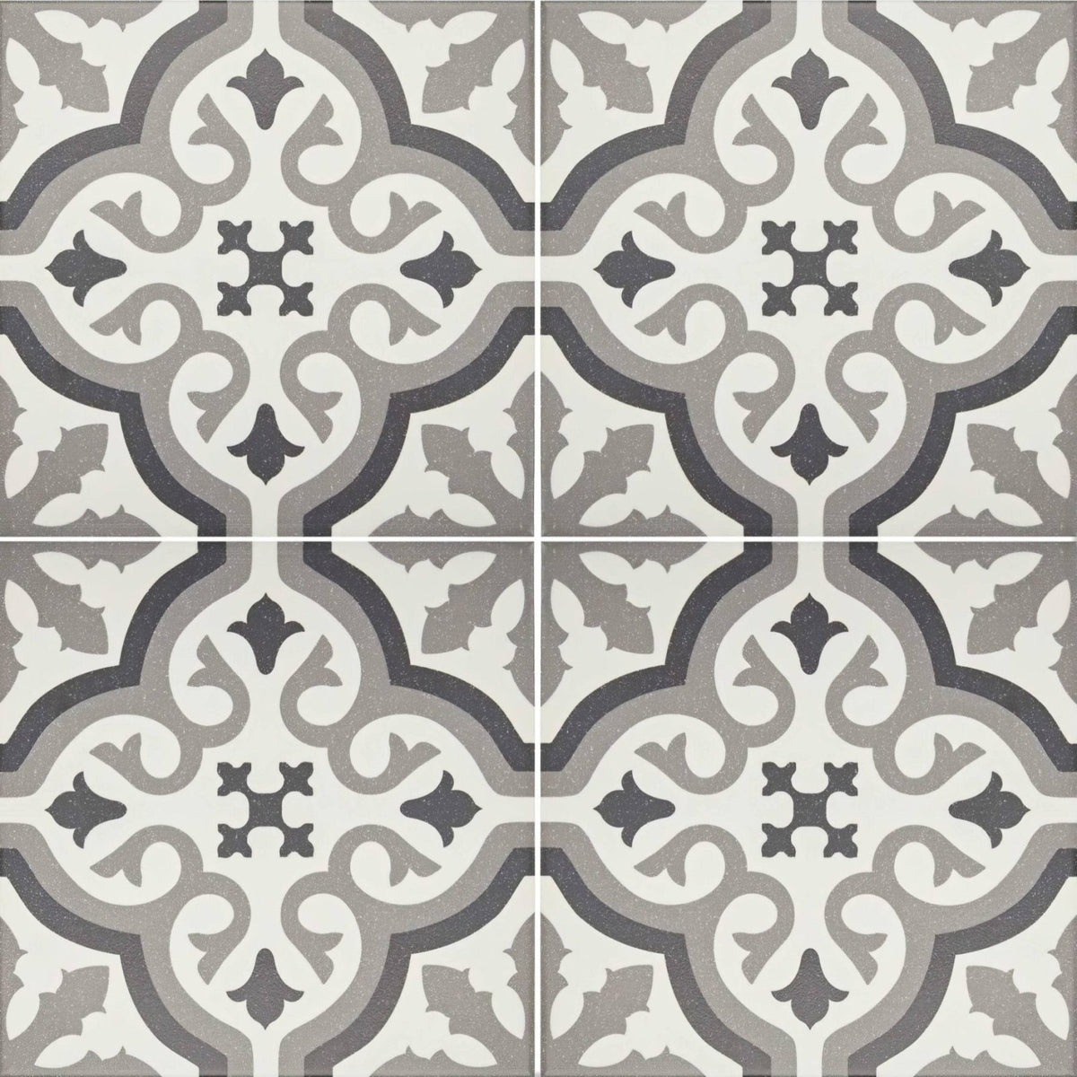 Abbey Waverley patterned ceramic tile with gray and white ornate floral and geometric designs for flooring use