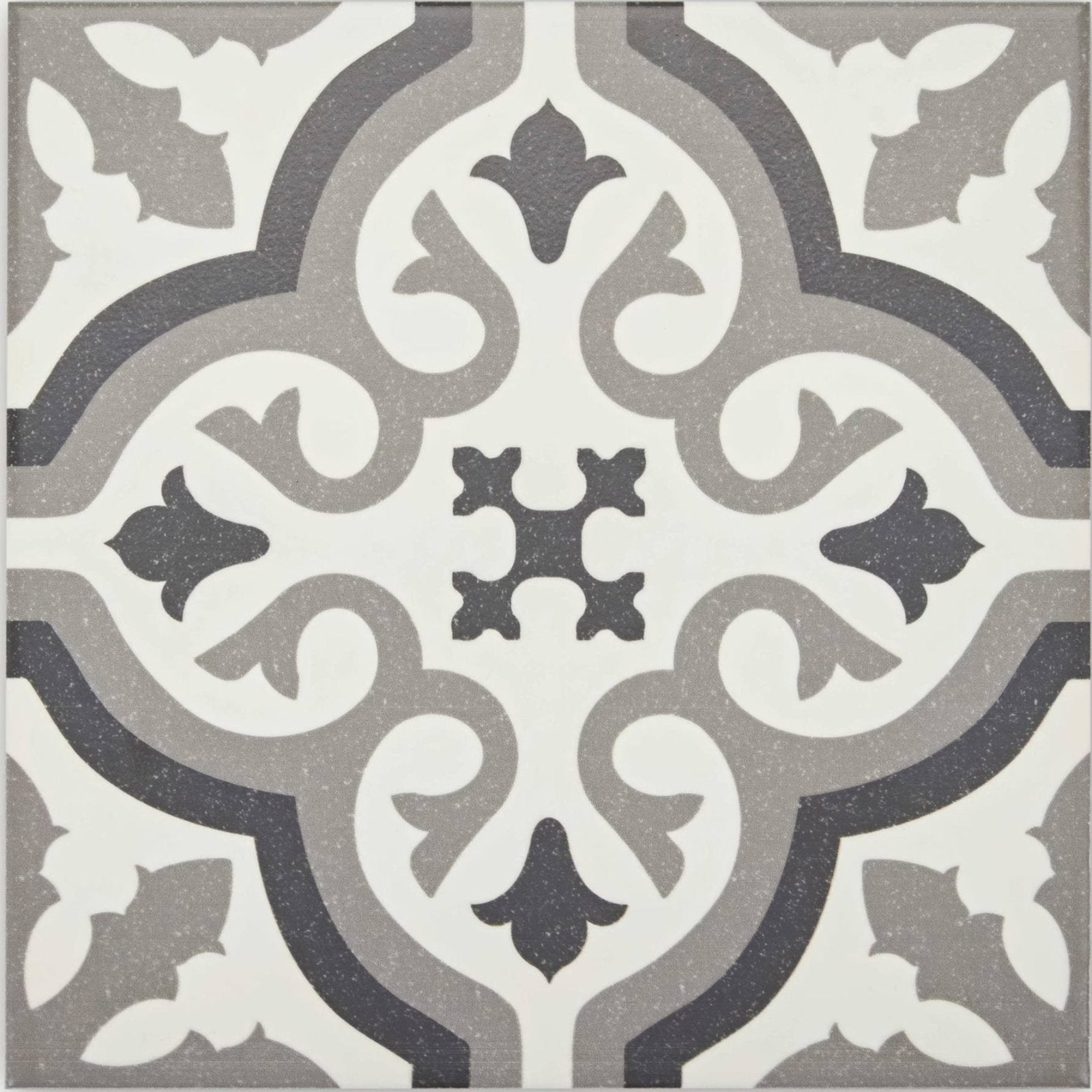 Gray and white ornate patterned abbey waverley tile featuring vintage-inspired ceramic design for decorative use