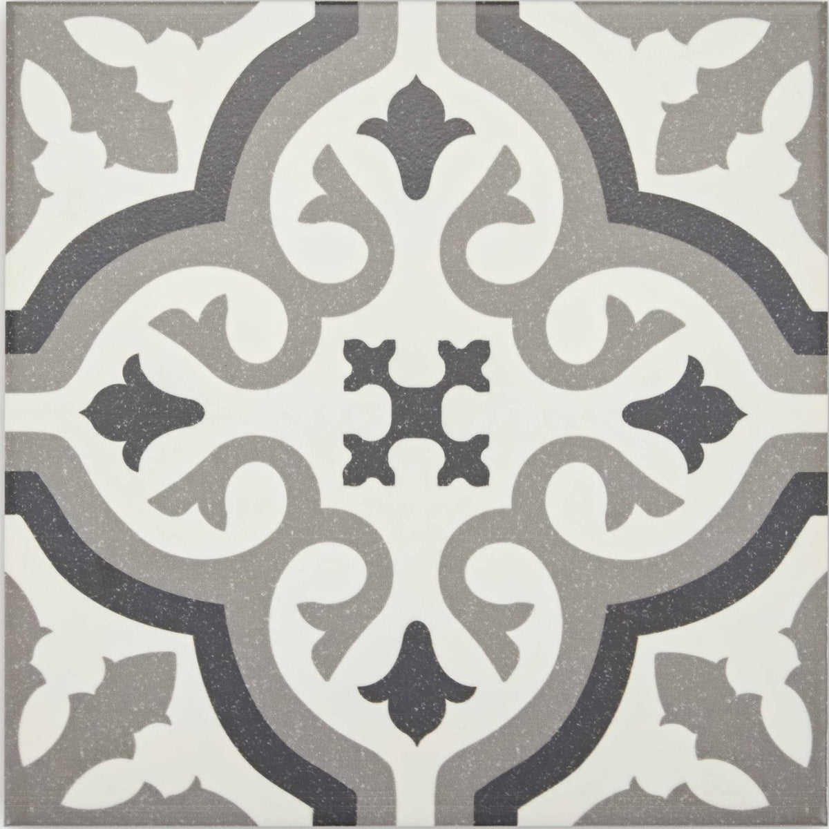 Gray and white ornate patterned abbey waverley tile featuring vintage-inspired ceramic design for decorative use