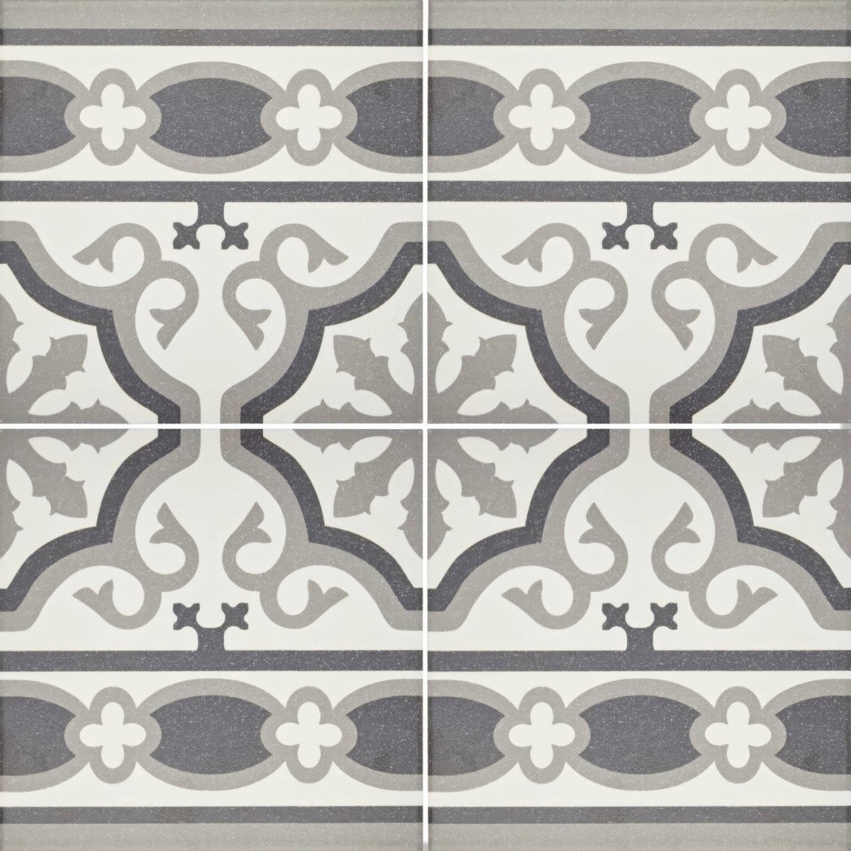 Gray and white patterned ceramic abbey waverley border tile with ornate vintage inspired design for flooring