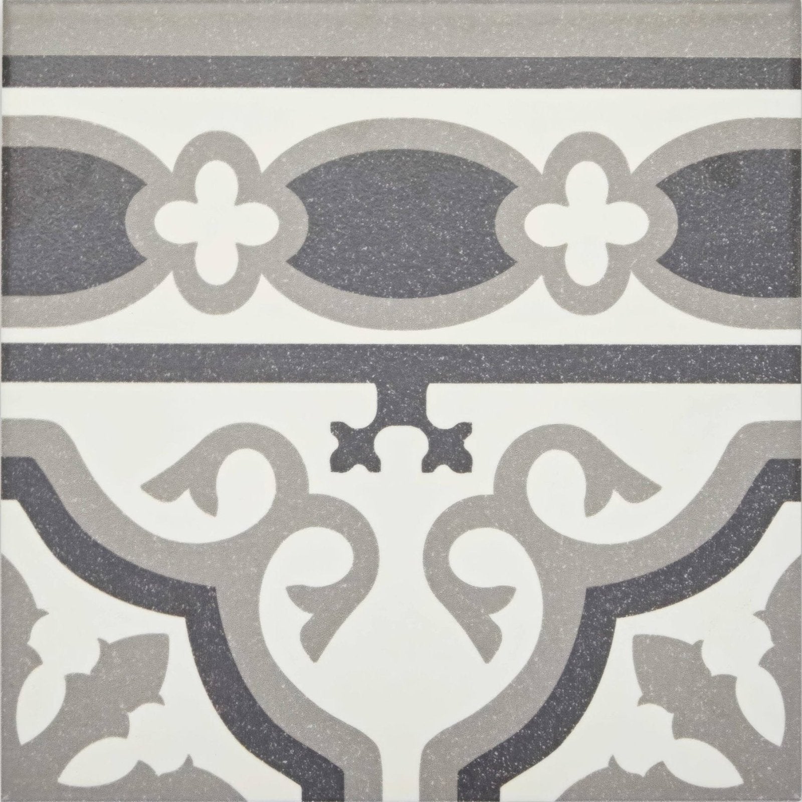 Abbey waverley border tile featuring gray and white patterned ceramic with ornate vintage floral motifs