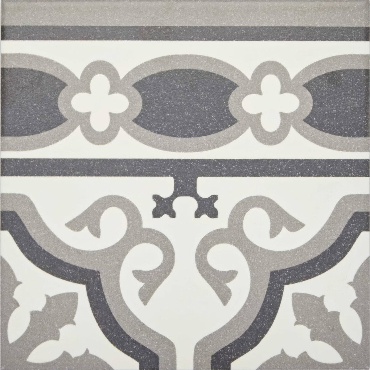 Abbey waverley border tile featuring gray and white patterned ceramic with ornate vintage floral motifs