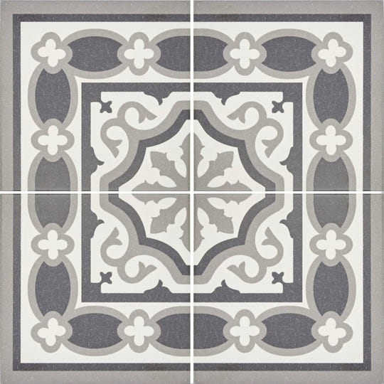 Abbey waverley corner tile featuring gray and white ornate vintage-inspired patterned floor tile design