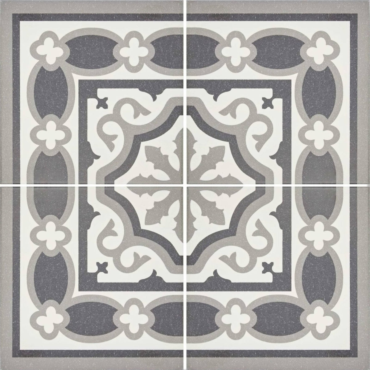 Abbey waverley corner tile featuring gray and white ornate vintage-inspired patterned floor tile design